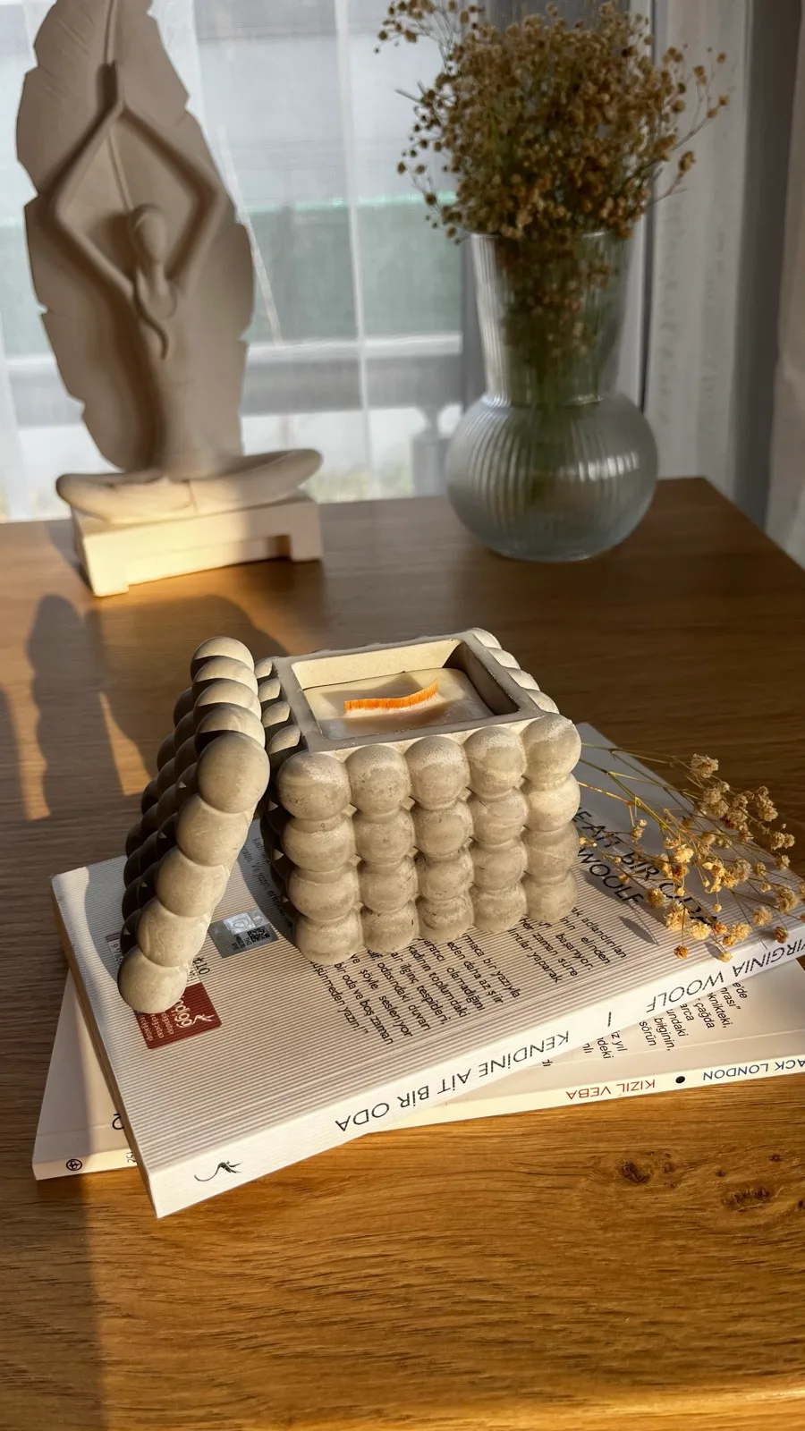Şömine Sesli Ahşap Fitilli Mum & Beton Kapaklı Dekoratif Bubble Organizer Tabak/Kutu