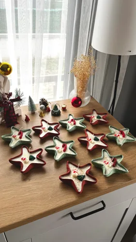 2’li Yılbaşı Temalı Deniz Yıldızı Dekoratif Tabak İçerisinde Soya Wax Mum