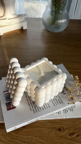 Şömine Sesli Ahşap Fitilli Mum & Beton Kapaklı Dekoratif Bubble Organizer Tabak/Kutu