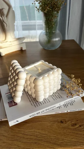 Şömine Sesli Ahşap Fitilli Mum & Beton Kapaklı Dekoratif Bubble Organizer Tabak/Kutu
